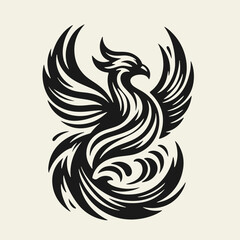 Black and white silhouette tattoo design of a phoenix bird, stylized in vintage woodcut or linocut technique. Clean lines, retro aesthetic, powerful mythical creature rising.