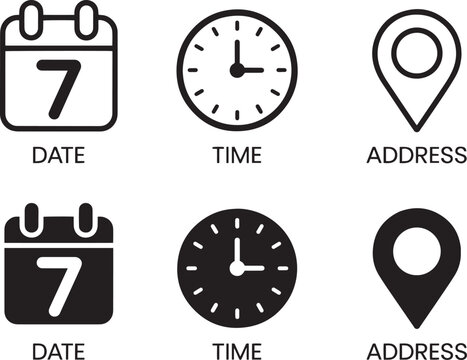 Set of icons representing date time and location with both outline and filled versions