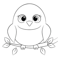 Cute Cartoon Bird On Branch Outline Vector Illustration Simple Design on a white background.