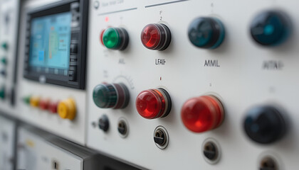 Control panel with illuminated buttons shows industrial technology equipment featuring a screen and various switch controls.