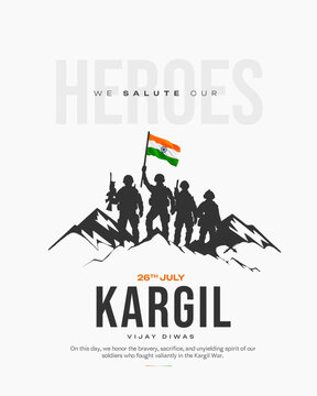 Illustration honoring the bravery and sacrifice of Indian soldiers on Kargil Vijay Diwas. Features armed troops and the Indian flag, perfect for patriotic posters, social media, and memorial art.