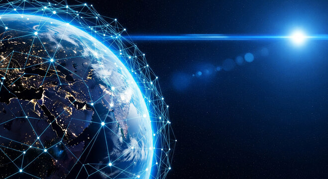 Global network connecting earth with bright light in space
