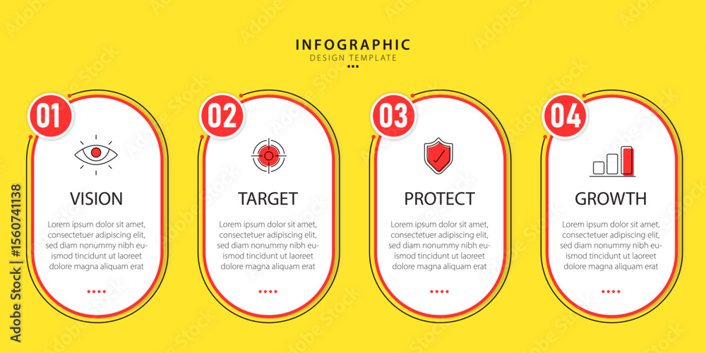 Aufkleber Infographic template 4 Step timeline journey isolated yellow background, Data visualization flat simple design. presentation graph. Business timeline creator 4 options, vector illustration.
