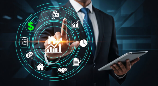 Businessman interacting with a digital financial analytics interface