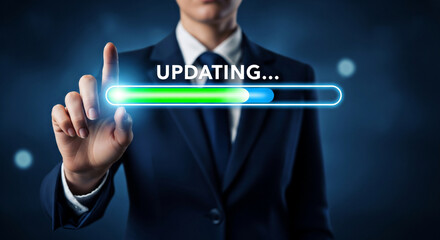 Business person touching a progress bar indicating an update in progress
