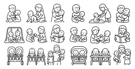 Series of black and white images of people interacting with babies. The mood of the images is warm and loving, with people reading to babies, holding them, and playing with them