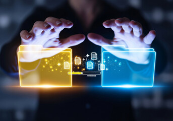 Hands transferring digital files between glowing folders with progress bar
