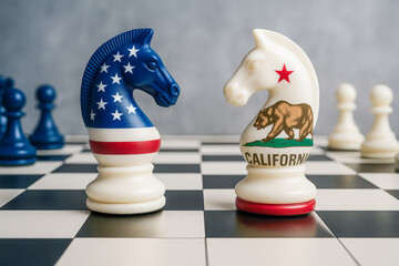 Symbolic chess battle featuring United States and California-themed knight pieces, representing political tension, strategy, or ideological rivalry.