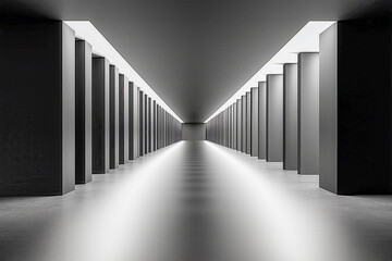Long cell block corridor, with rows of cells on either side and minimal lighting creating a somber atmosphere