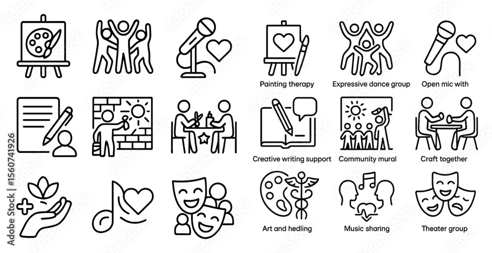 Poster series of icons that represent different activities and concepts. some of the icons include a microp