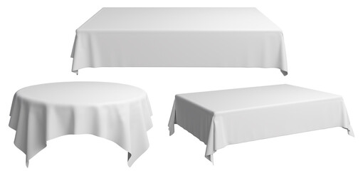Set of White tablecloth isolated on white background. fabric reveal scene. Satin textile on table or pillar to unveil cube pedestal mockup. Elegant draped presentation with product display, 3d render
