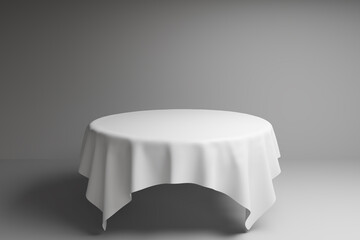 White tablecloth. fabric reveal scene. Satin textile on table or pillar to unveil cube pedestal mockup. Elegant draped presentation with product display, 3d render
