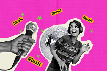 Composite sketch image design trend collage o discoball young lady smile karaoke listen music...