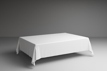 White tablecloth. fabric reveal scene. Satin textile on table or pillar to unveil cube pedestal mockup. Elegant draped presentation with product display, 3d render
