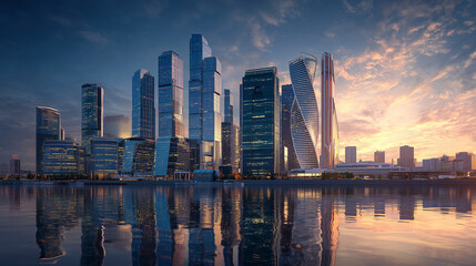 Financial District Skyline with Skyscrapers at Sunset