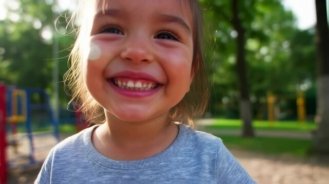 Joyful child's smile in sunny park setting with playground background