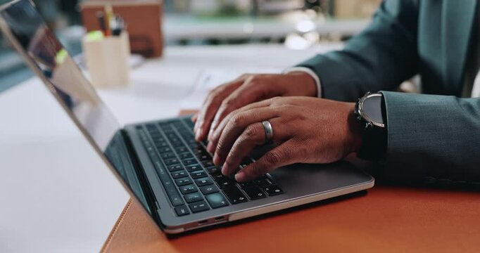 Business person, hands and typing with laptop for company research, journalism or information. Journalist, copywriter or employee working on computer for online article or career blog at workplace