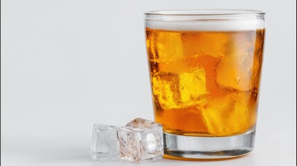 Chilled glass of whiskey with ice cubes on a white background