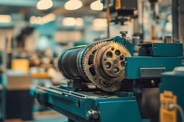 Mechanical press with its intricate gears and levers, situated in a busy factory environment