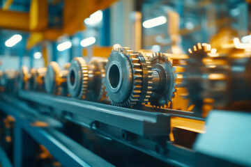 Mechanical press with its intricate gears and levers, situated in a busy factory environment