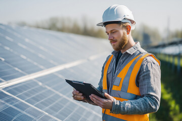 Engineer Inspecting Solar Panels at Renewable Energy Site