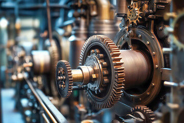Mechanical press with its intricate gears and levers, situated in a busy factory environment
