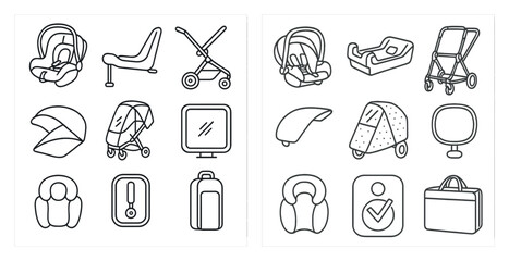 Set of baby items including a stroller, car seat, and a diaper bag. The items are arranged in a grid, with each item separated by a small space. Scene is that of a baby's essentials