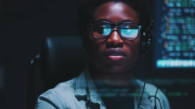 Focused programmer analyzing code on computer screens in a tech environment
