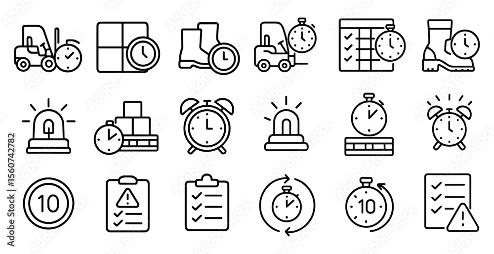 Poster set of black and white icons that represent different time-related concepts. the icons include clock