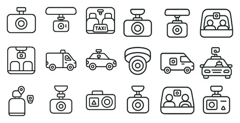 Set of black and white icons for various types of vehicles and devices, including a taxi, a police car, a camera, and a van © SanyBRZ
