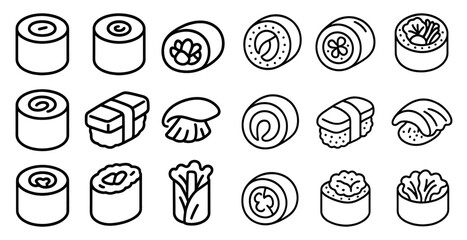 Collection of sushi rolls and other Japanese food. The sushi rolls are all different shapes and sizes, and some of them have vegetables on top. Concept of variety and abundance
