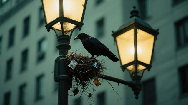 A majestic black crow perched atop a nest built on a vintage lamppost, illuminated by the warm glow of the lamps against a blurred urban backdrop casting a mysterious atmosphere .