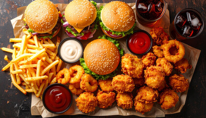 Overhead shot of a colorful assortment of American fast food. Arranged neatly on parchment paper for a tempting presentation
