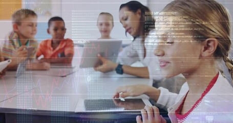 Teacher raising tablet starting digital lesson, children tapping tablets as data overlays animating - Powered by Adobe