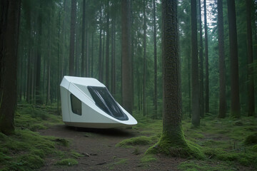 Mobile home nestled in a dense forest, blending harmoniously with the natural surroundings