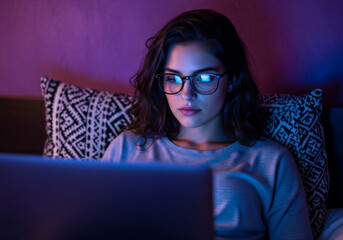 Young woman wearing glasses looking at a laptop screen at night