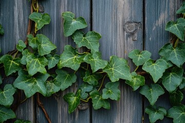 Green ivy climbing weathered wooden planks