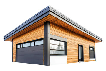 Modern wood siding garage with dark gray door and sleek windows isolated on transparent background