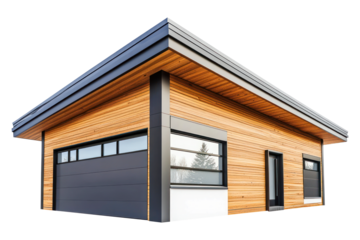 Modern wood siding garage with dark gray door and sleek windows isolated on transparent background