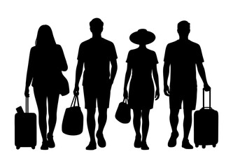 Four travelers walking with luggage, silhouette illustration