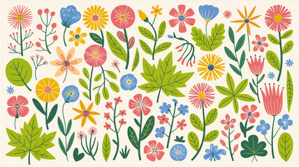 A whimsical floral illustration on white background showcasing delicate, hand-drawn pastel flowers and leaves in soft, airy, romantic harmony