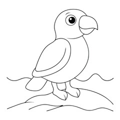 Cute Cartoon Bird Character Standing On Ground Black And White Illustration on a white background.