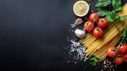 Culinary composition of pasta, tomatoes, garlic, lemon, and herbs arranged on a dark surface, suggesting fresh ingredients for Italian cuisine.