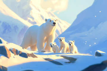 Mother polar bear with her cubs, walking across the ice floes in the Arctic