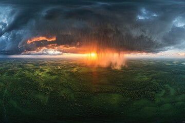 Epic storm clouds over a vibrant landscape at sunset.  A breathtaking aerial view of a dramatic sky, heavy rain cascading from dark clouds, and the lush greenery below.