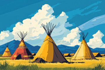 Native American village from the pre-colonial era, with tipis, longhouses, or pueblo-style dwellings