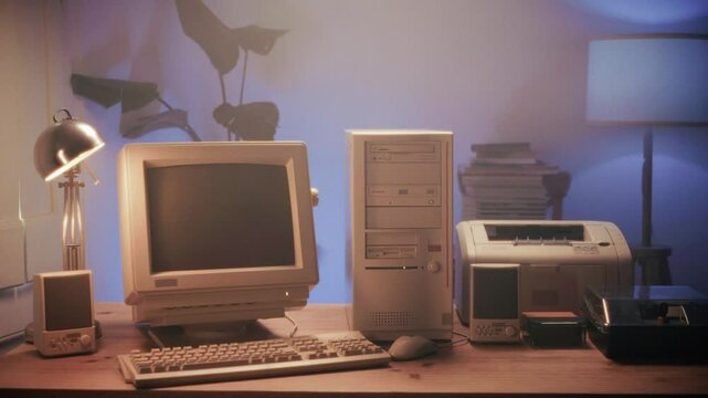 Retro pc computer gaming, Desktop vintage with loading code console, programmer making scripts, green basic screen, Old computer studio close-up, retro wave display, late 90s PC.