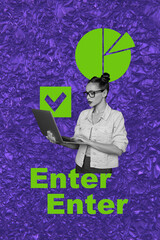 Template sketch image composite artwork collage of young lady work laptop programmer done enter...