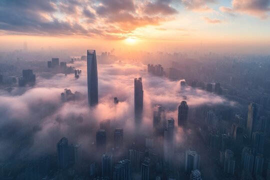 City shrouded in mist at sunrise