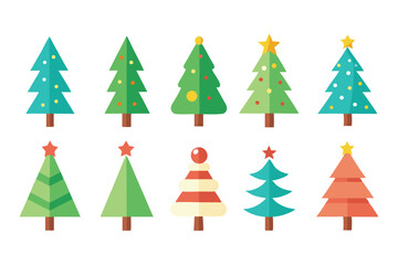 Obraz premium Flat christmas tree collection with stars and holiday decorations 
